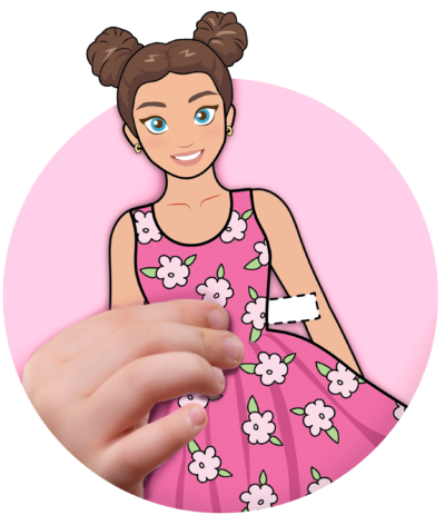 little girl holding a fashion paper doll with floral dress.